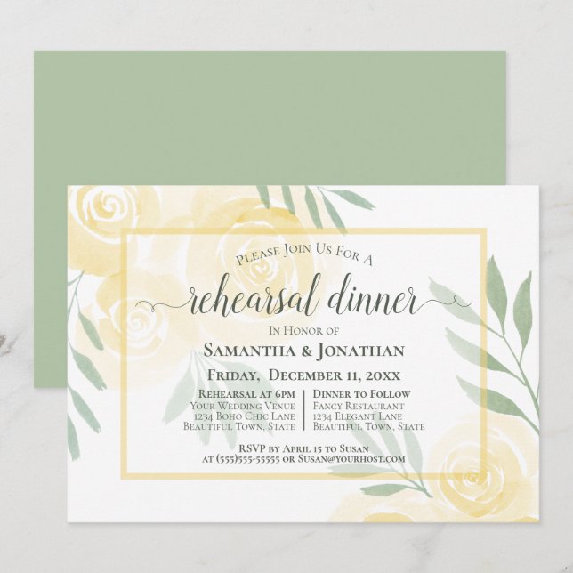 Boho Butter Yellow Roses Wedding Rehearsal Dinner Invitation (Front/Back)
