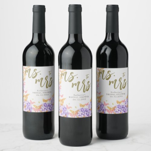 Boho Butterflies Hydrangeas Purple Bridal Shower Wine Label