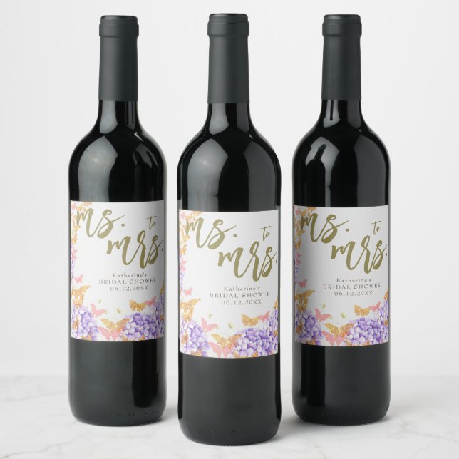 Boho Butterflies Hydrangeas Purple Bridal Shower Wine Label (Bottles)