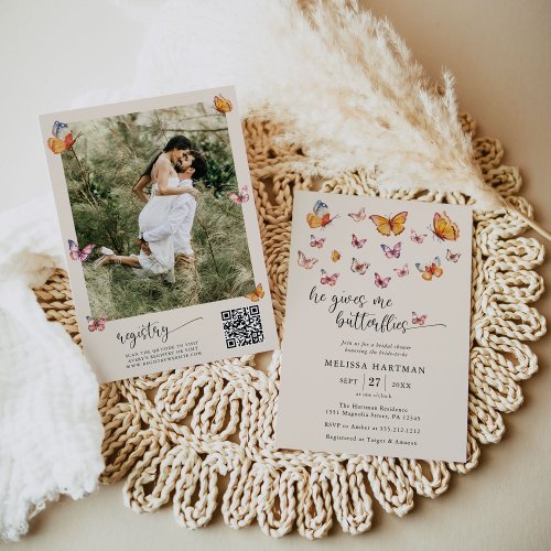 Boho Butterflies Photo Qr Code Bridal Shower Invitation