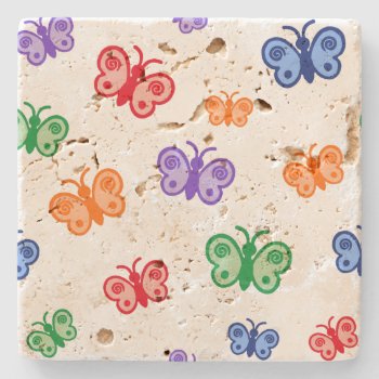 Boho Butterflies Retro Hippie Pattern Stone Coaster by abitaskew at Zazzle