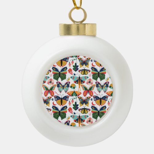 Boho Butterflies Seamless Wallpaper Pattern Ceramic Ball Christmas Ornament