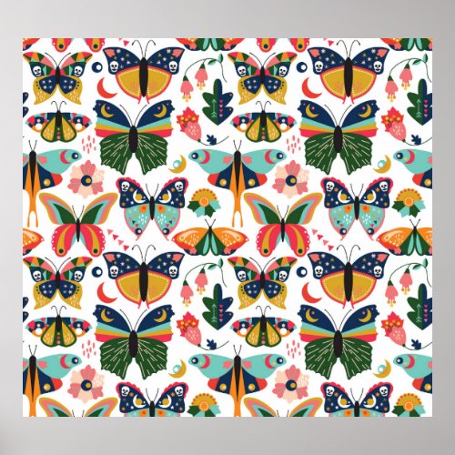 Boho Butterflies Seamless Wallpaper Pattern Poster