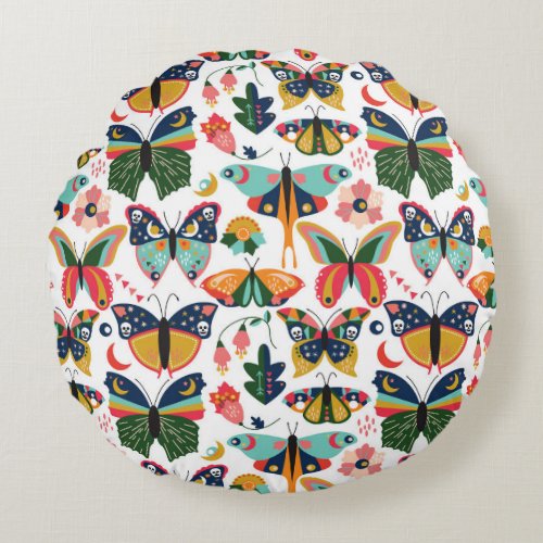 Boho Butterflies Seamless Wallpaper Pattern Round Pillow