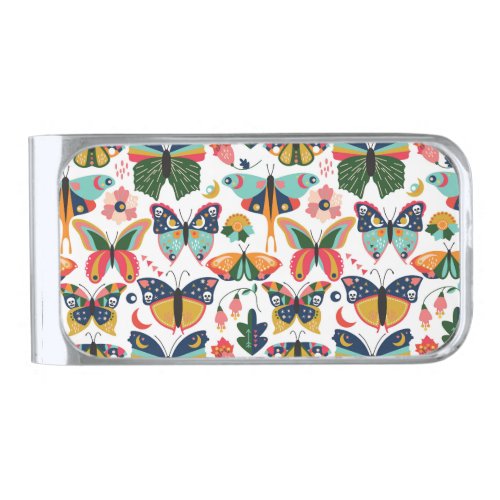 Boho Butterflies Seamless Wallpaper Pattern Silver Finish Money Clip