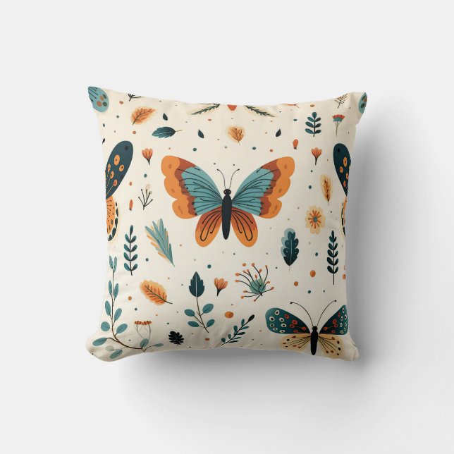 Boho Butterfly and Botanical Meadow Throw Pillow (Front)