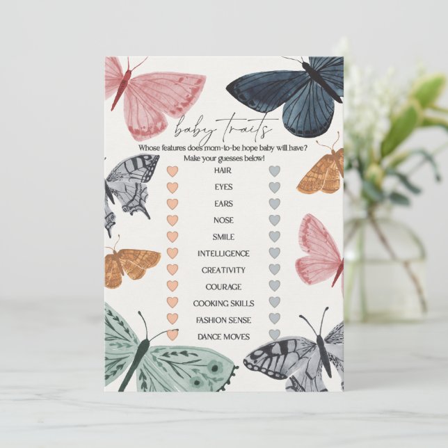 Boho Butterfly Baby Shower Baby Traits Game Invitation (Standing Front)
