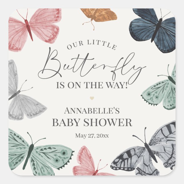 Boho Butterfly Baby Shower Invite Envelope Square Sticker (Front)