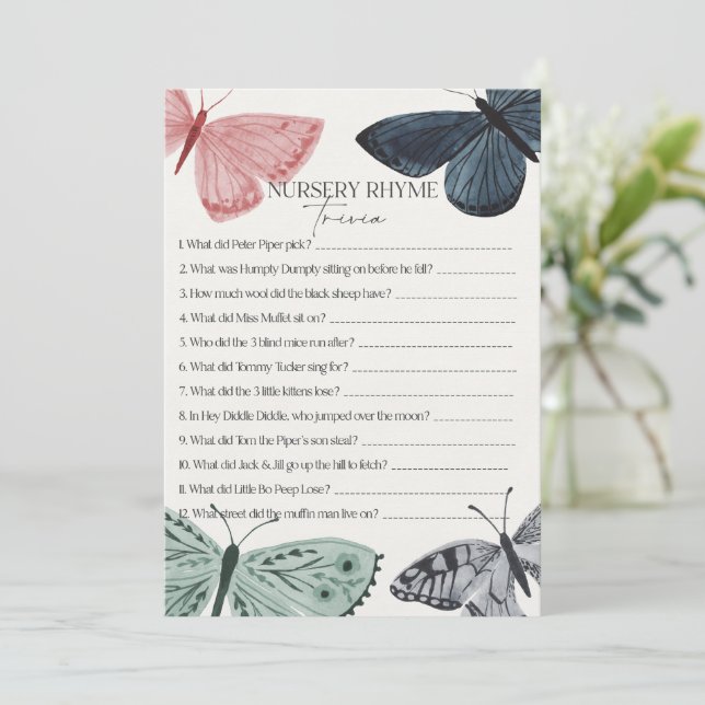 Boho Butterfly Baby Shower Nursery Rhyme Trivia Invitation (Standing Front)