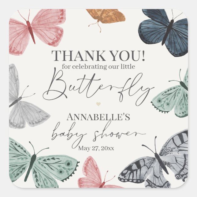 Boho Butterfly Baby Shower Party Dessert Favor Square Sticker (Front)