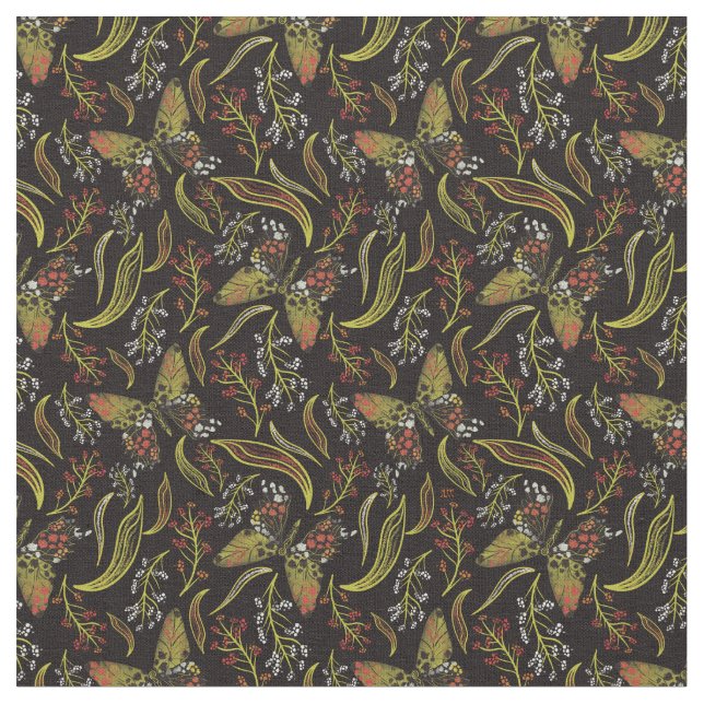 Boho Butterfly Black Floral Pattern Fabric (Close Up)