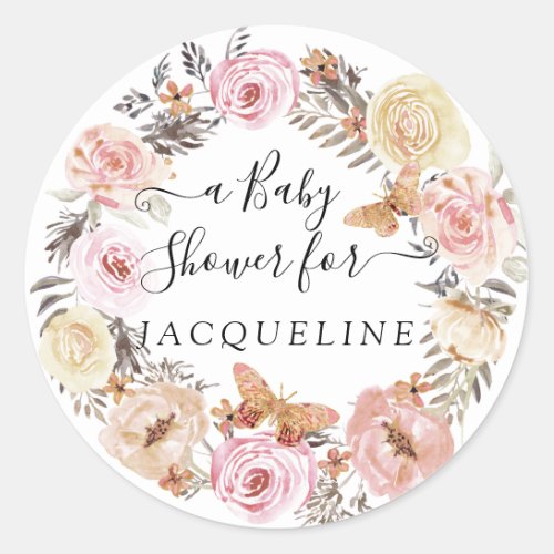 Boho Butterfly Blush Floral Wreath Watercolor Baby Classic Round Sticker