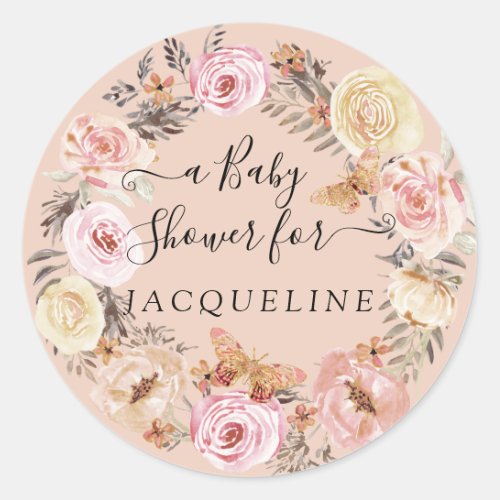Boho Butterfly Blush Watercolor Floral Wreath Baby Classic Round Sticker