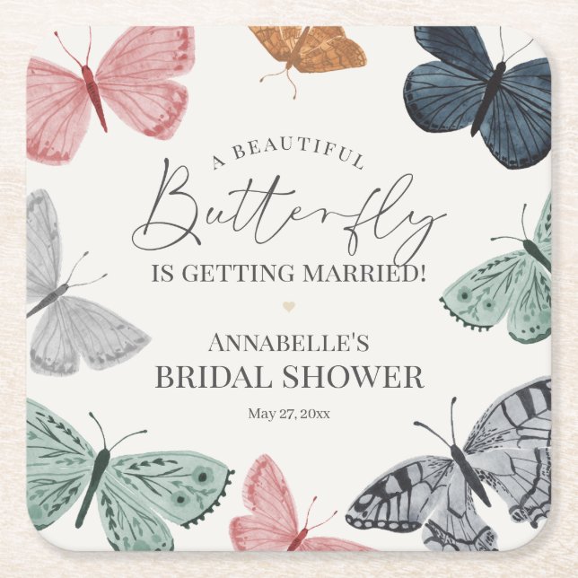 Boho Butterfly Bridal Shower Barware for Bride Square Paper Coaster (Front)