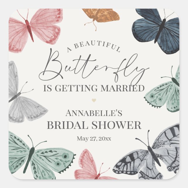 Boho Butterfly Bridal Shower Invite Envelope Favor Square Sticker (Front)