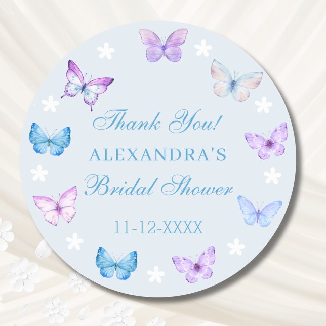 Boho Butterfly Dusty Blue Bridal Shower Thank You Classic Round Sticker (Creator Uploaded)