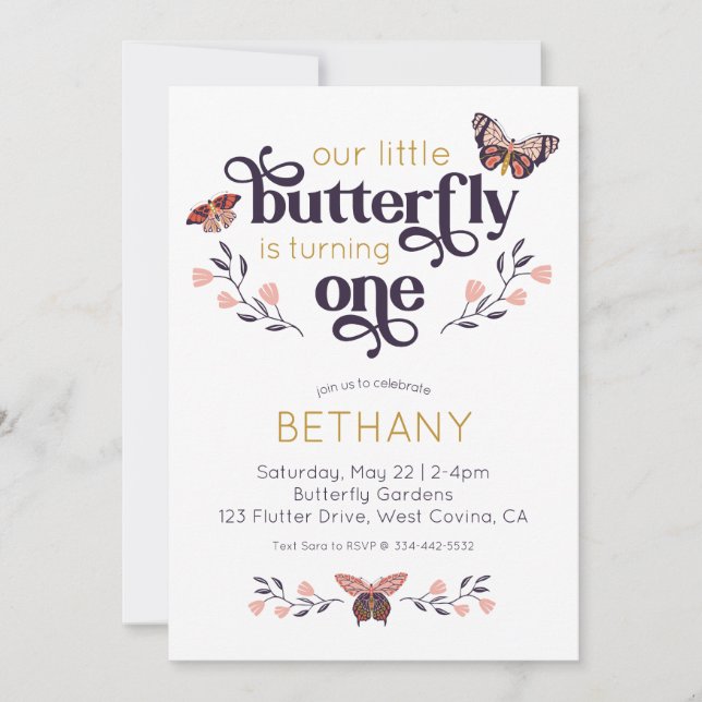 Boho Butterfly First Birthday Invitation (Front)