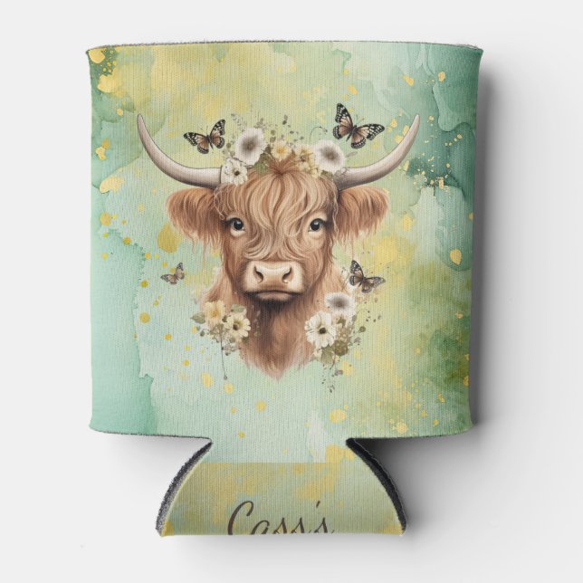Boho Butterfly Floral Cow "Udderly Delightful" Can Cooler (Front)
