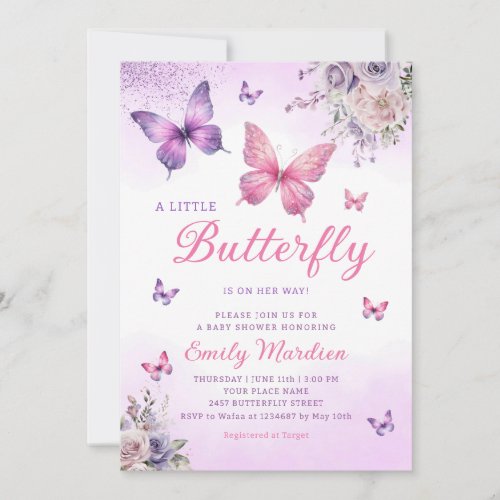 Boho Butterfly girl Baby Shower Purple Floral Pink Invitation