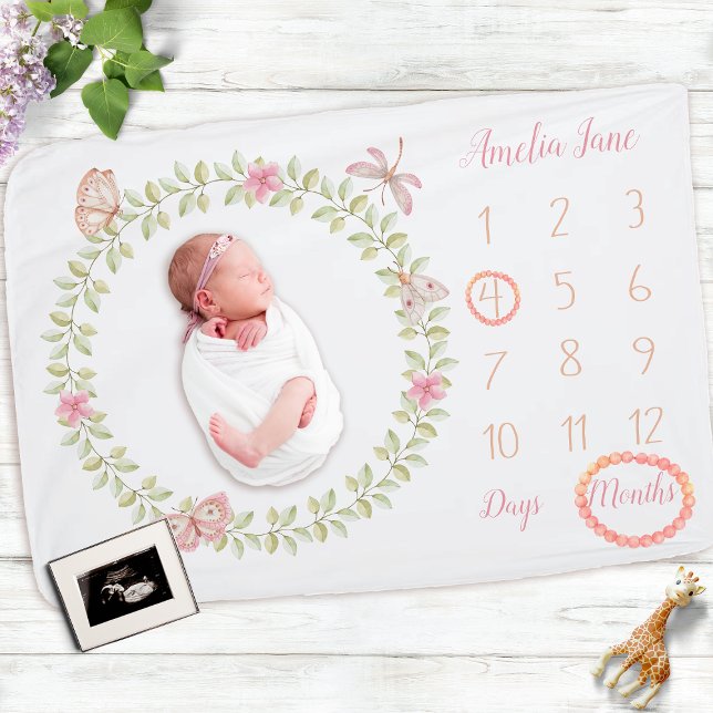 Boho Butterfly Girl Milestone Growth Tracker Baby Blanket (Creator Uploaded)