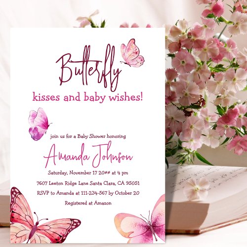 Boho Butterfly Kisses Pink Girl Baby Shower Invitation