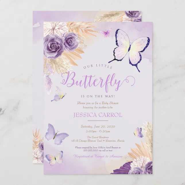 Boho Butterfly Lavender Purple Floral Baby Shower Invitation | Zazzle