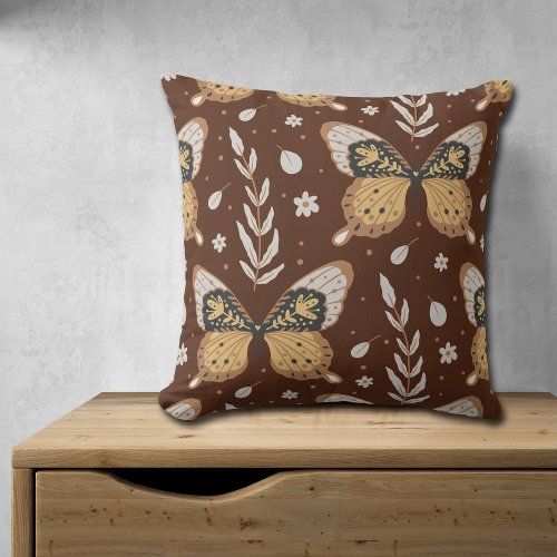 Boho Butterfly Leaf Pattern on Brown Throw Pillow