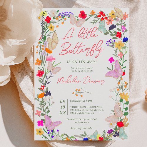 Boho butterfly meadow wildflower baby shower invitation