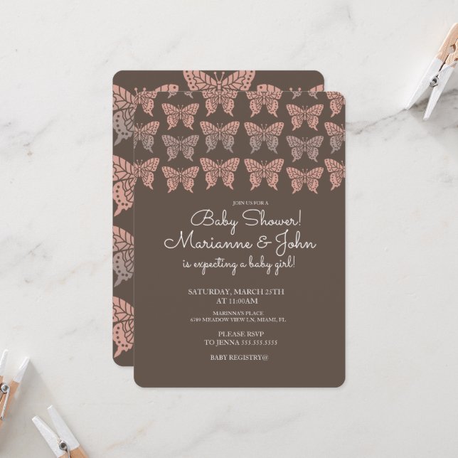 Boho Butterfly Pink and Brown Baby Shower  Invitation (Front/Back In Situ)