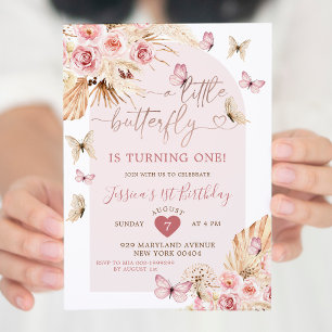 Boho Butterfly Pink Arch Floral Birthday Invitation