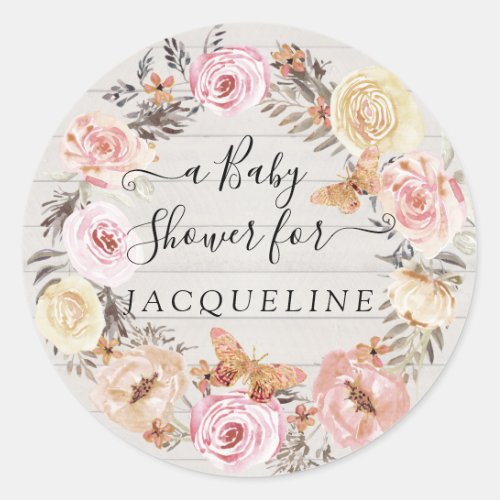 Boho Butterfly Pink White Wood Floral Wreath Baby Classic Round Sticker