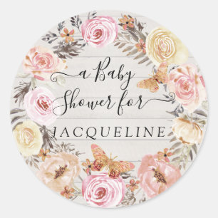 Boho Butterfly Pink White Wood Floral Wreath Baby Classic Round Sticker