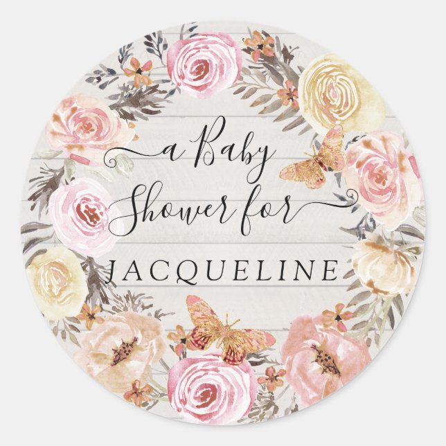 Boho Butterfly Pink White Wood Floral Wreath Baby Classic Round Sticker (Front)