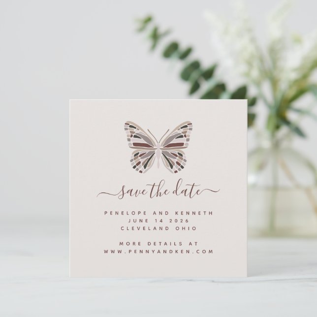 Boho Butterfly | Stylish Burgundy and Taupe Save The Date (Standing Front)