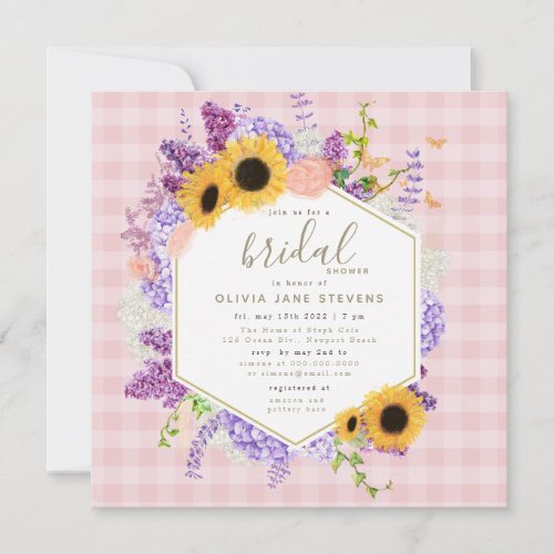 Boho Butterfly Sunflower Frame Pink Bridal Shower Invitation