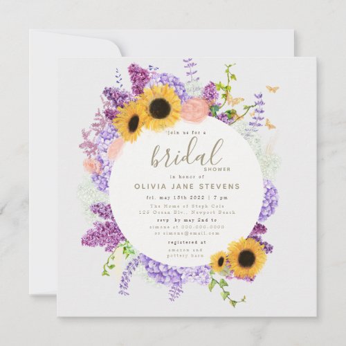 Boho Butterfly Sunflower Lilac Flora Bridal Shower Invitation