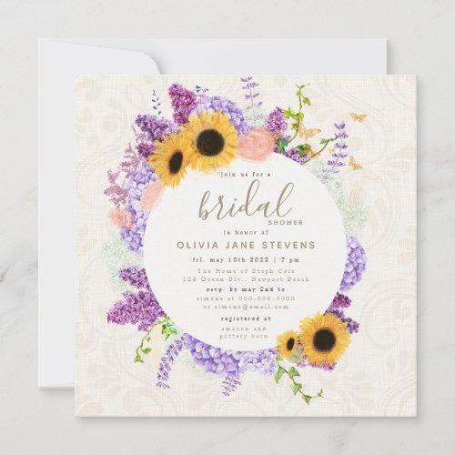 Boho Butterfly Sunflower Lilac Linen Bridal Shower Invitation