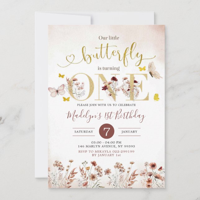 Boho Butterfly Wildflower First Birthday Invite (Front)