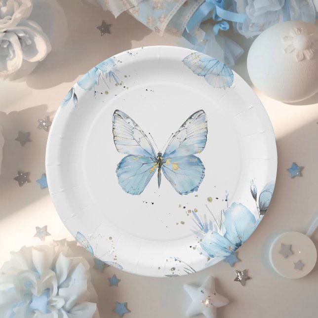 Boho Butterfly Wildflower Floral Blue Baby Shower Paper Plates (Creator Uploaded)