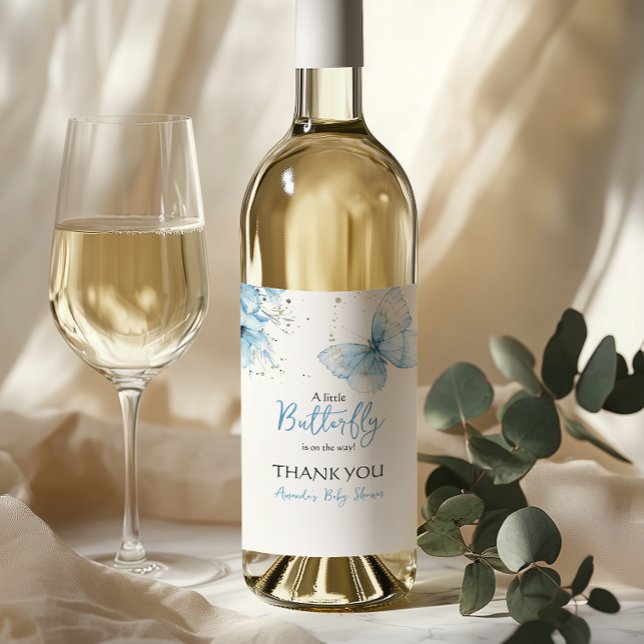 Boho Butterfly Wildflower Floral Blue Baby Shower Wine Label (Creator Uploaded)