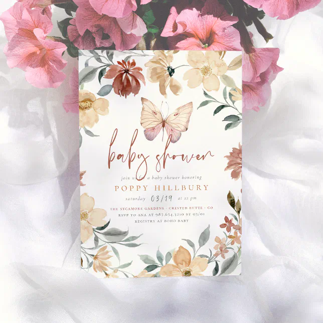 Boho Butterfly Wildflower Garden Girl Baby Shower Invitation | Zazzle