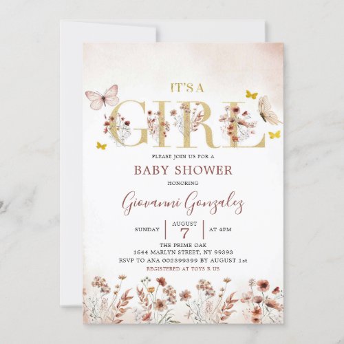 Boho Butterfly Wildflower Girl Baby Shower Invitation
