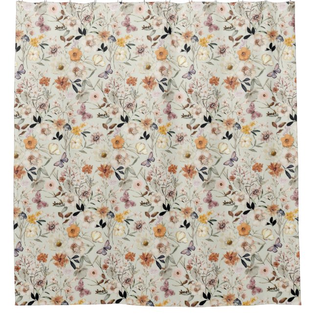 Boho Butterfly Wildflower Shower Curtain (Front)