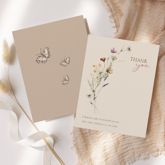 Boho Butterfly Wildflower Wedding Thank You (Rustic Brown Wildflowers and Butterflies Wedding Thank You Card)