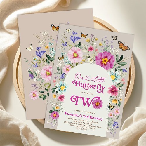 Boho Butterfly Wildfower Girl 2nd Birthday Invitation