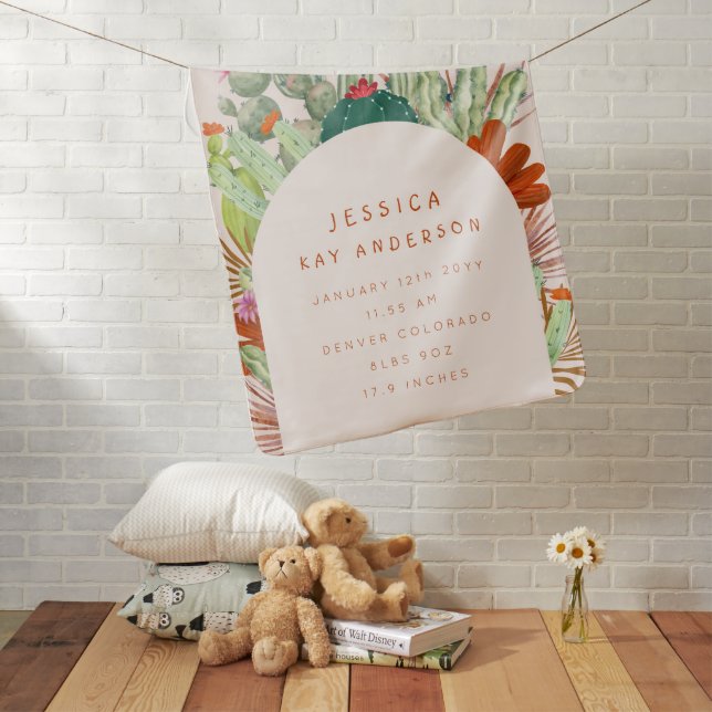 Boho Cactus Arch Desert Birth Stats Nursery  Baby Blanket (In Situ)