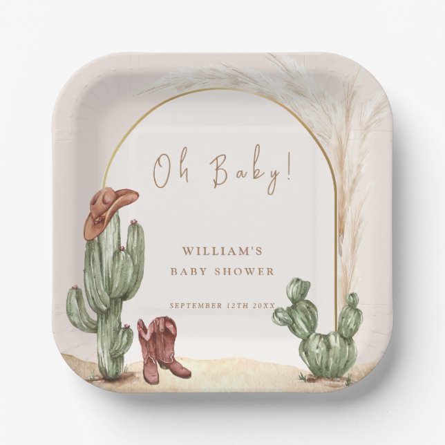 Boho Cactus Arch Desert Cowboy Baby Shower  Paper Plates (Front)