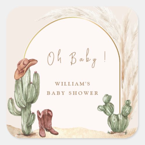 Boho Cactus Arch Desert Cowboy Baby Shower  Square Sticker