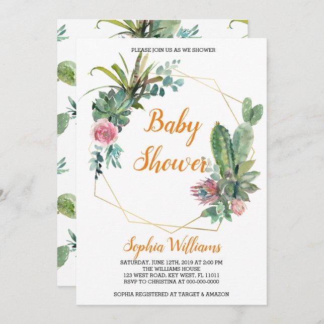 Boho Cactus Baby Shower Invitation (Front/Back)