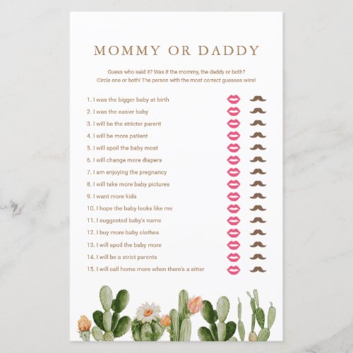 Boho Cactus Baby Shower Mommy or Daddy Game 